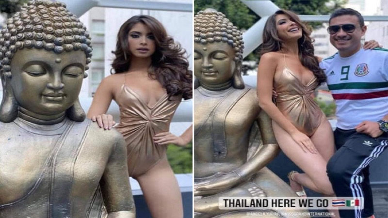 Sexy Miss Grand Mexico poseert “wulps” in een badpak naast een Boeddha beeld