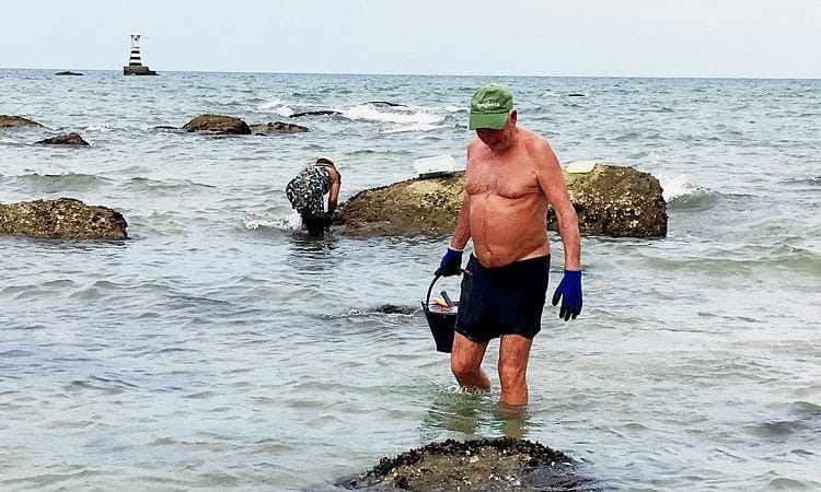 Het lage water in Hua Hin trekt vele mosselzoekers naar het strand van Hua Hin aan