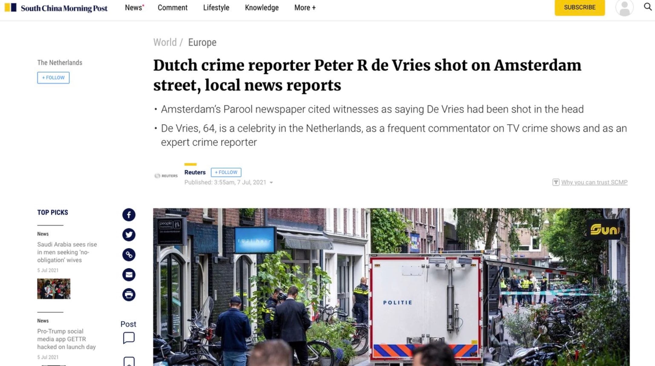 Grote buitenlandse aandacht voor het neerschieten van Peter R. De Vries