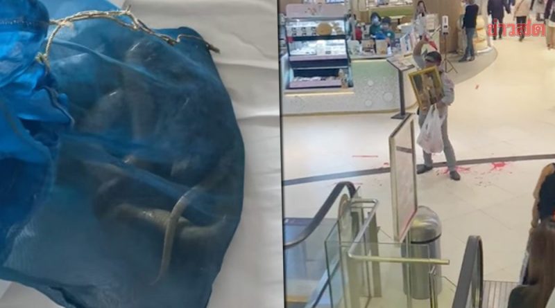 Thaise man loop dood gemoederd met een zak cobraslangen de lobby van een chique hotel in Bangkok binnen