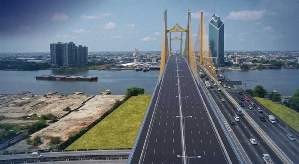 De bouw van de nieuwe brug over de Chao Phraya rivier in Bangkok ligt op koers, en is klaar om volgend jaar geopend te worden