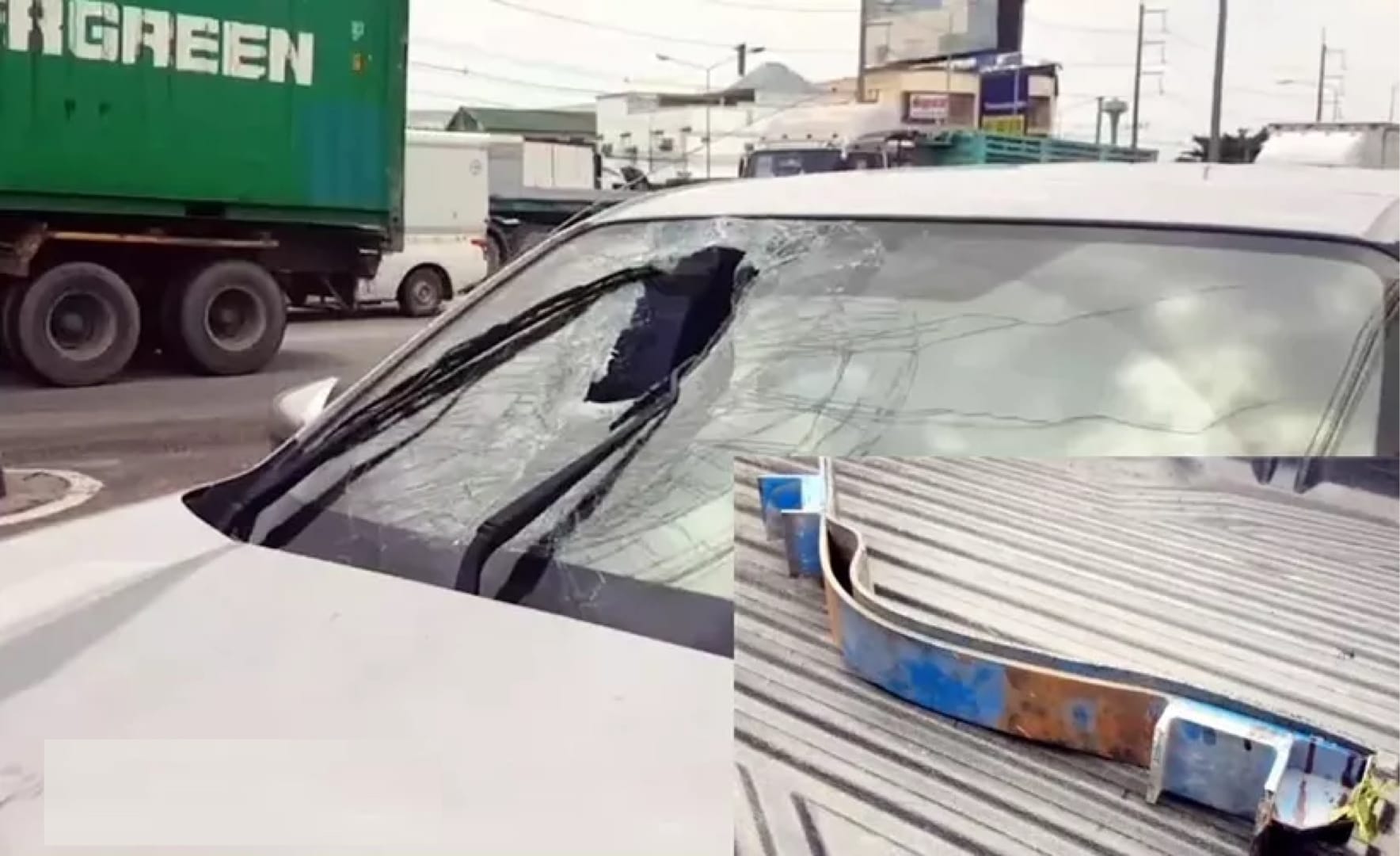 Langwerpig stuk staal vliegt door auto voorruit, de bestuurder raakt bewusteloos