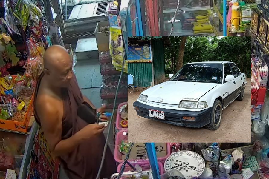 Hondsbrutale monnik steelt een tweedehands auto in centraal Thailand