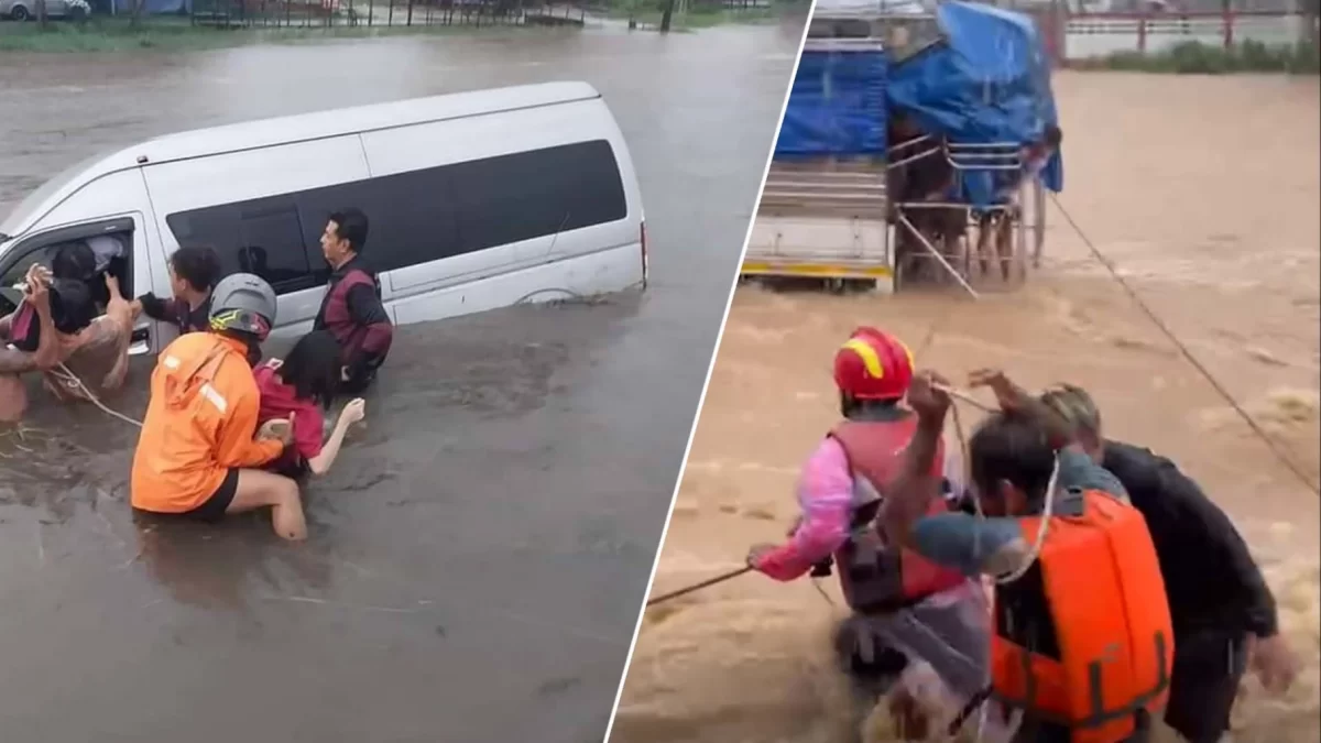 15 studenten in Oost-Thailand uit een schoolbus gered nadat deze op één overstroomde weg vast kwam te zitten