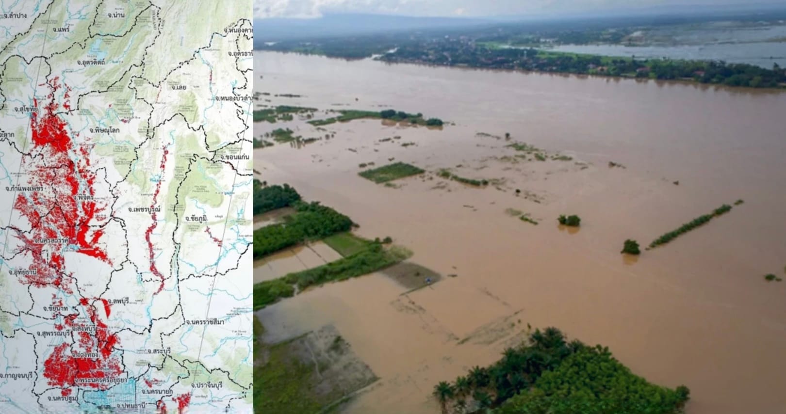 Het GISTDA maakte bekend dat méér dan 3,28 miljoen rai land in Thailand is overstroomt