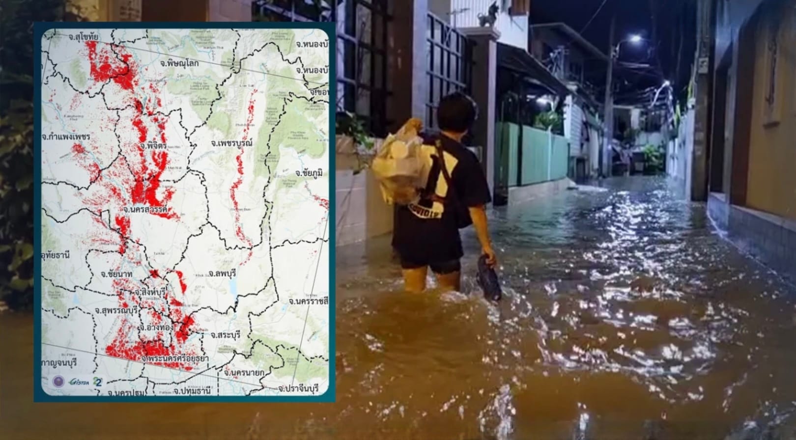De dijken de Chao Phraya rivier bij Nonthaburi hebben het begeven en veroorzaken een metershoge overstroming