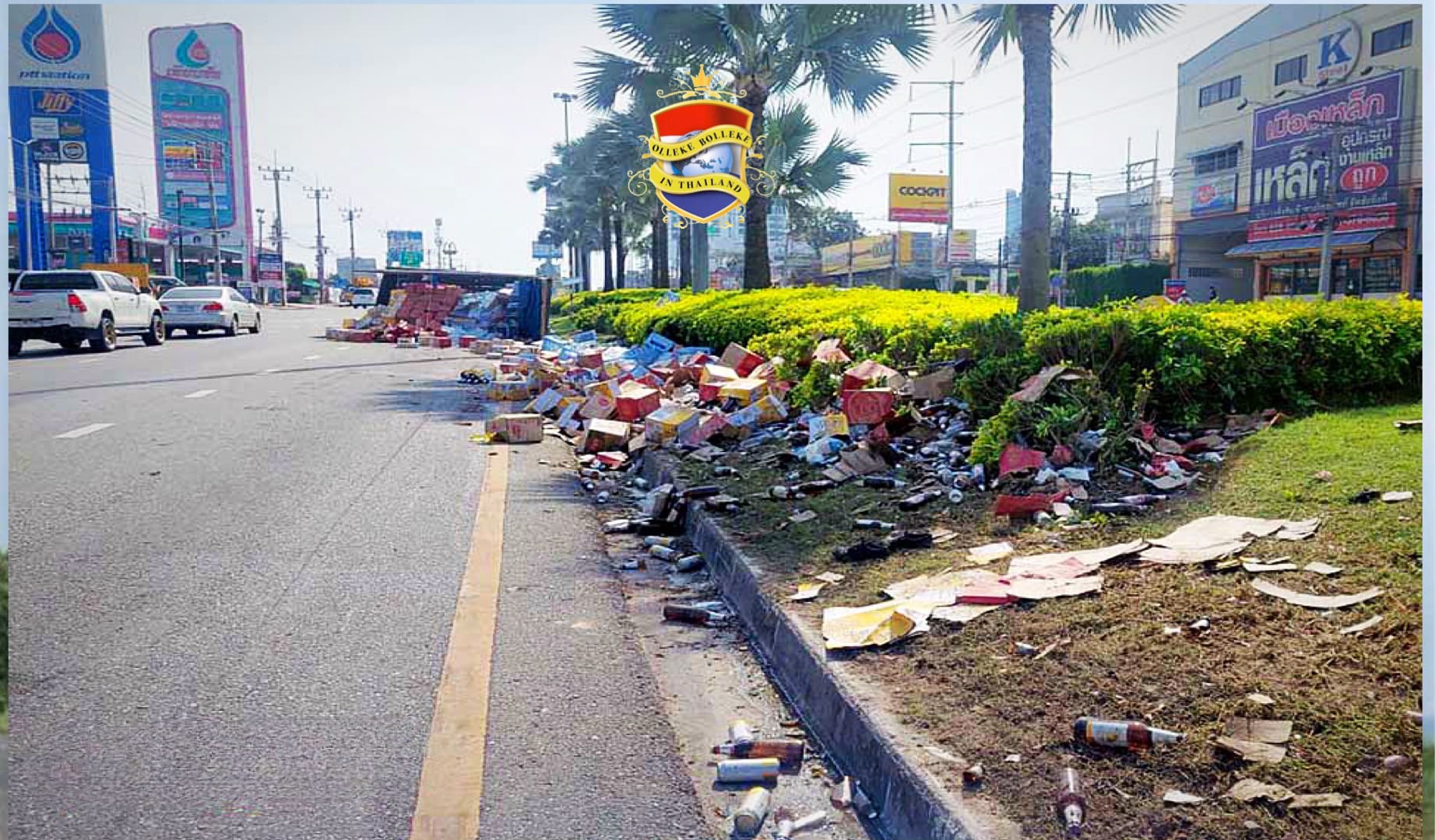 De bierliefhebbers in Pattaya stond het huilen nader dan het lachen toen een bierwagen op de Sukhumvit verongelukte