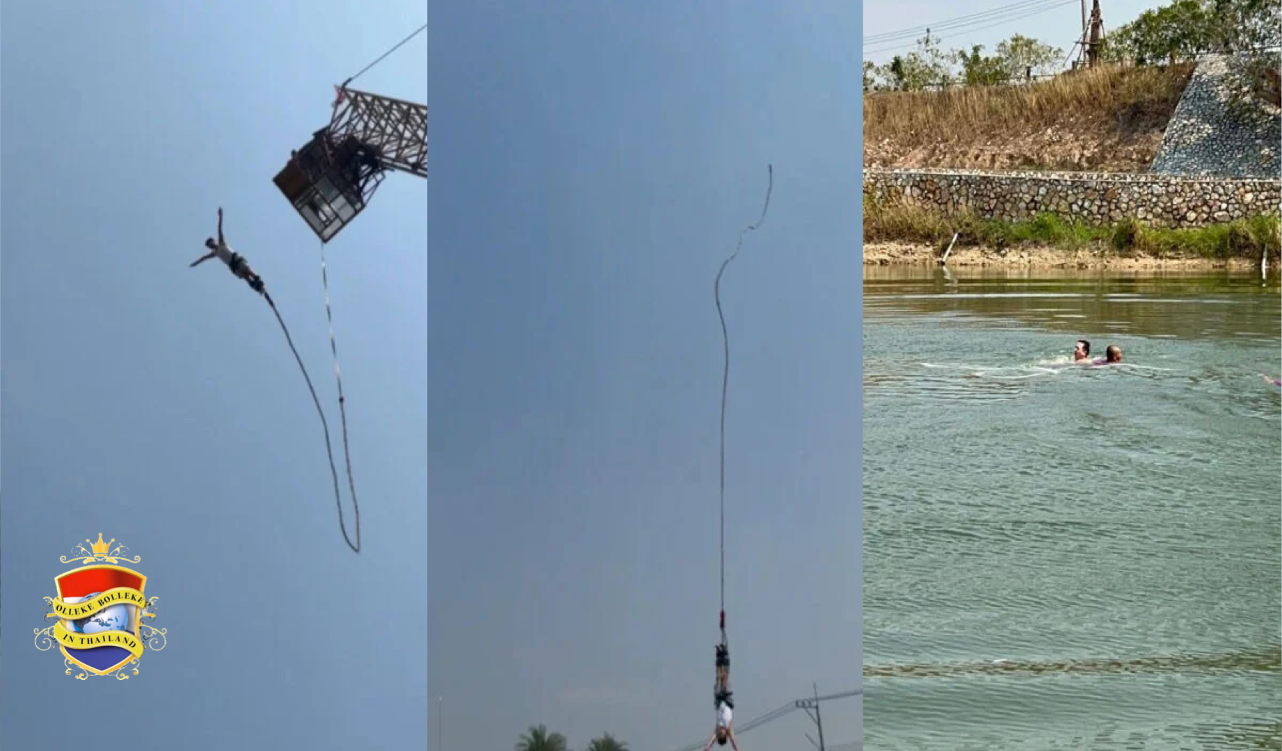 Medewerkers van een “Bungee attractie” in Oost-Thailand reageert op incident met bungeekoord waarbij toerist bijna om het leven kwam