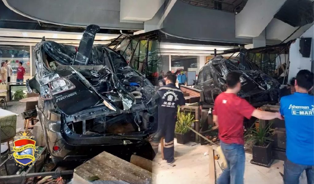 SUV rijdt dwars door parkeermuur in Centraal-Thailand en belandt 2 verdiepingen lager in een coffeeshop