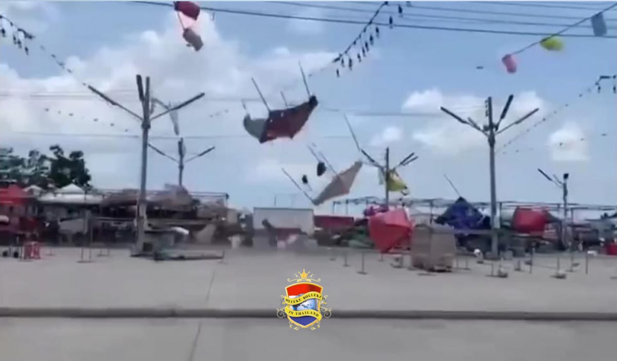 Cycloon zorgt in Chonburi voor chaos, tafels, stoelen en marktkramen vlogen door de lucht