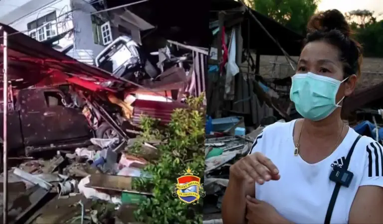 Automobilist sjeest met grote snelheid een huis in Noordoost-Thailand binnen en veroorzaakt 2 miljoen baht schade, de familie is nu dakloos