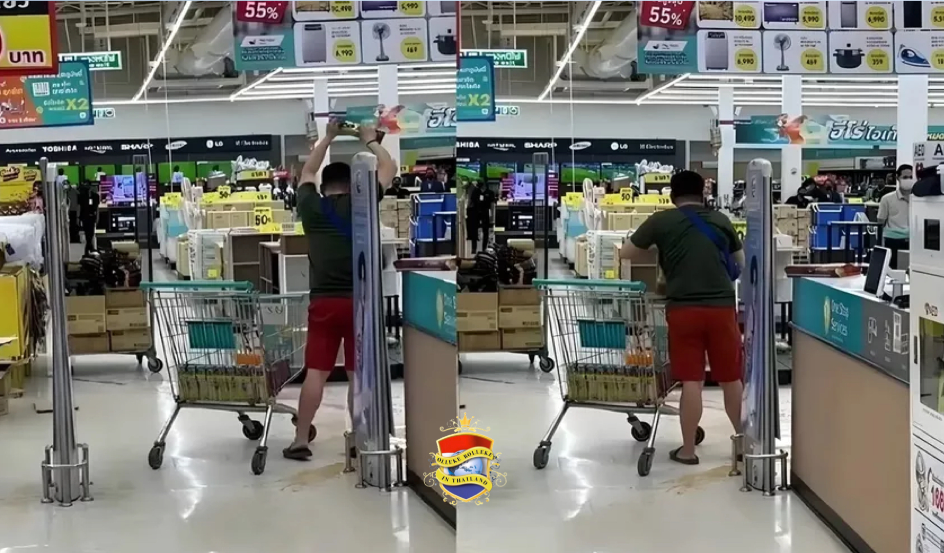 Thaise man gaat in een Lotus winkel in Chonburi helemaal uit zijn bol vanwege buitensporige rekening 