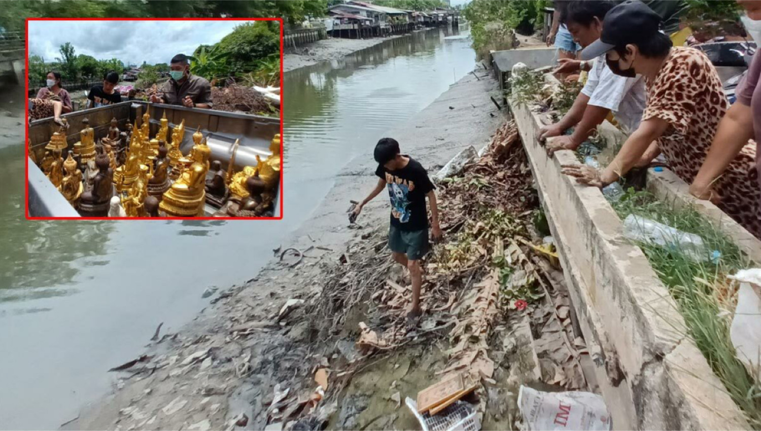 Politie in Centraal-Thailand druk bezig met een onderzoek naar boeddhabeelden die in het Samut Prakan kanaal gedumpt waren
