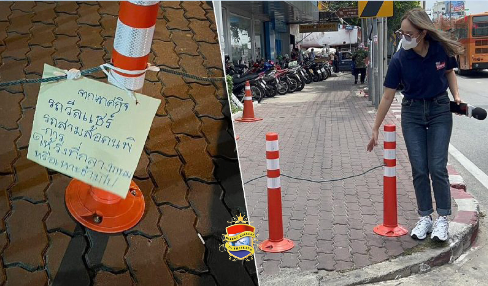 Paaltjes op het trottoir in Bangkok weerhouden rolstoelgebruikers gebruik te maken van het trottoir 