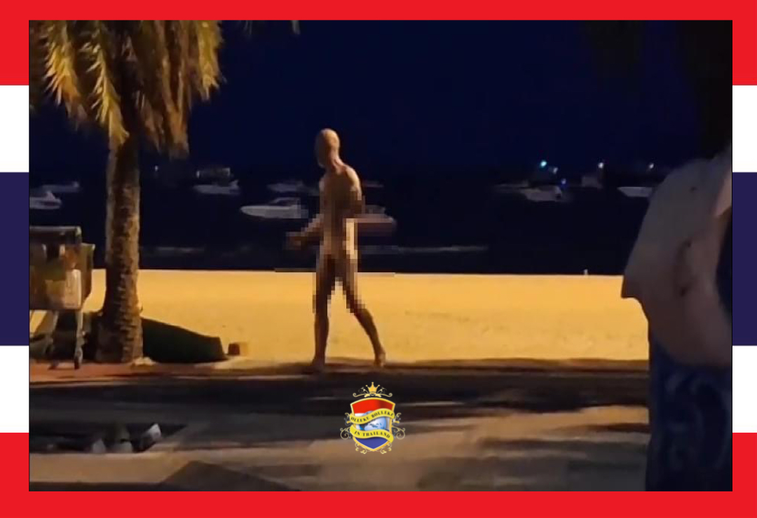 Buitenlandse man loopt poedeltje naakt over het strand van Jomtien en veroorzaakt met zijn performance een opschudding