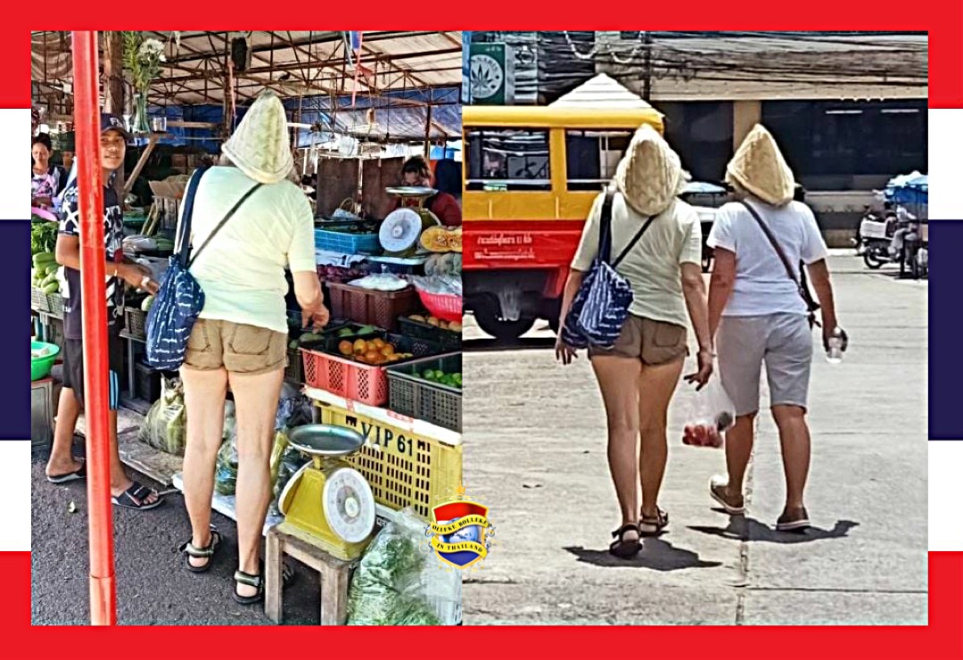 Nietsvermoedende toeristen zetten een Thaise rijststomer als hoed op het hoofd, Thaise bevolking lacht zich een kreuk😂
