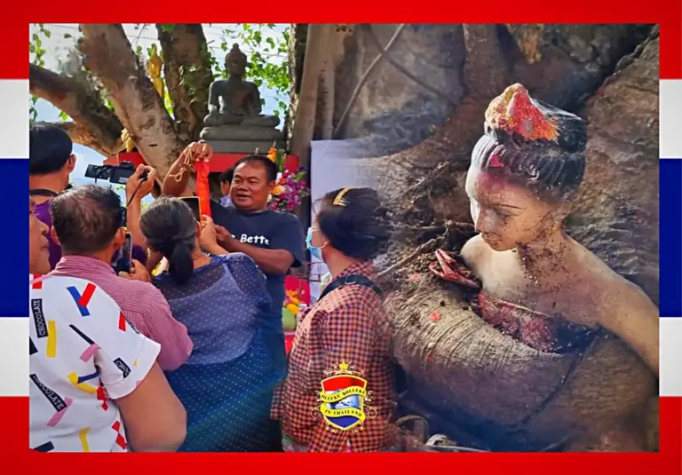 Een standbeeld van de mysterieuze moeder omwikkeld met vijgen trekt goedgelovige Thais naar Kamphaeng Phet