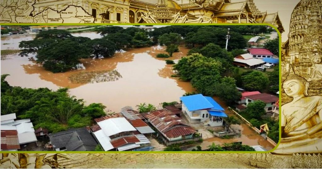 De overstroming’s ellende in Noordoost-Thailand zetten tientallen huizen en akkers onder water