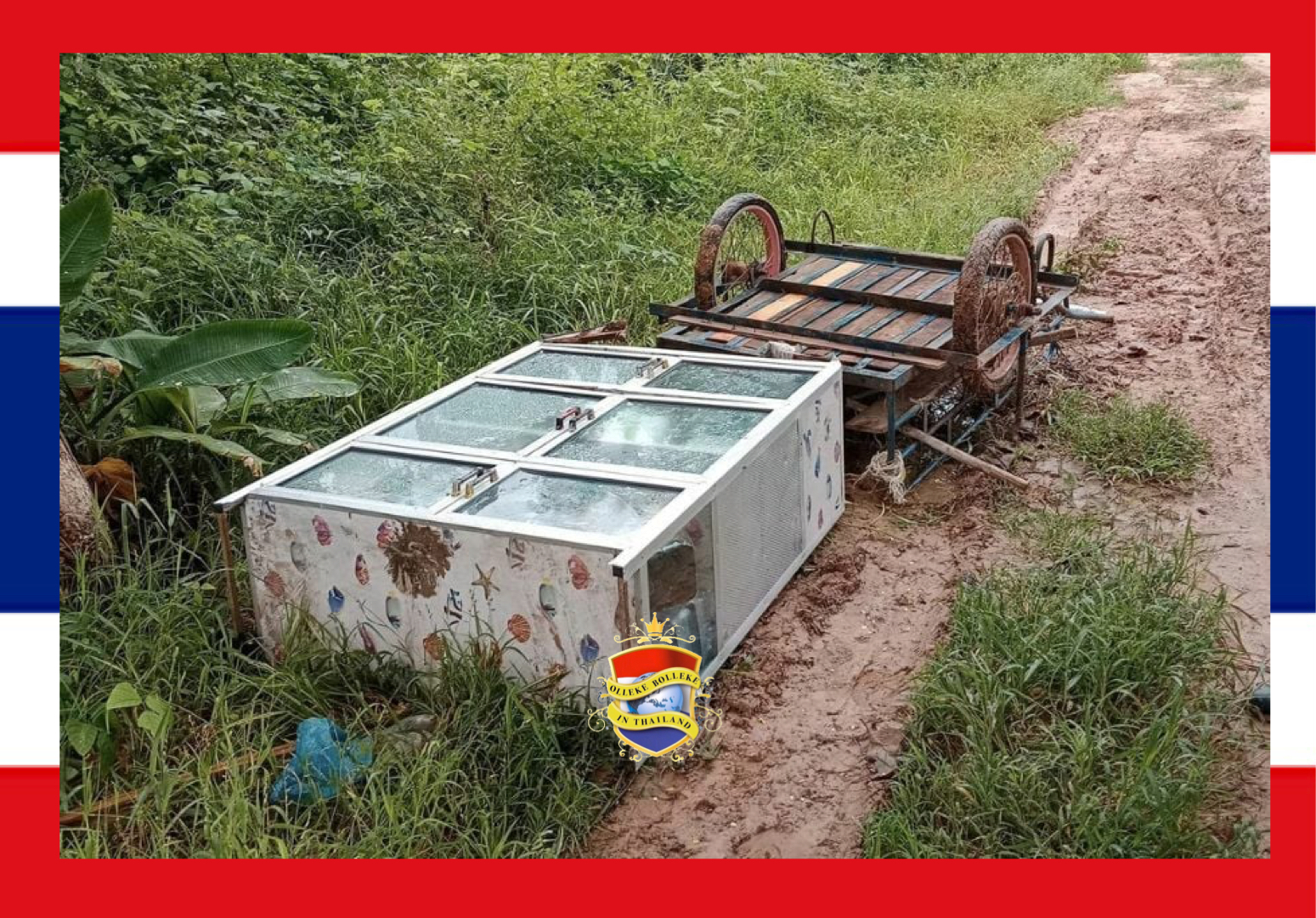 Inhalige dief gaat er in Noordoost-Thailand vandoor met een voorraadkast om deze vervolgens een paar kilometer verder te dumpen