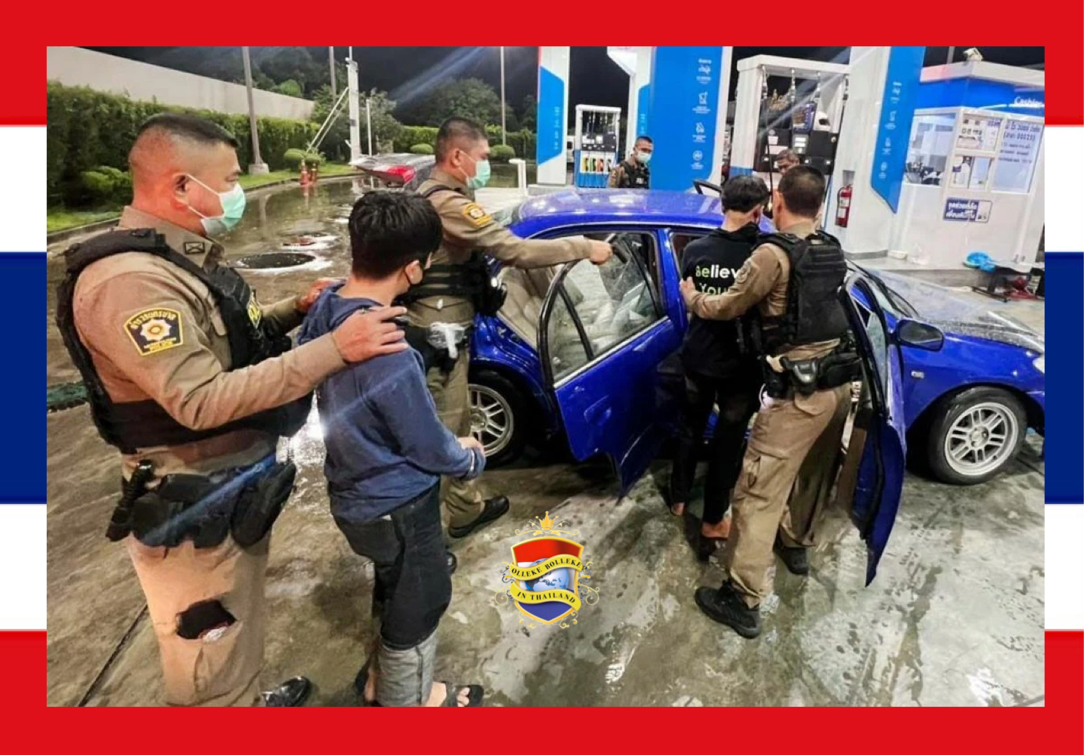 Politie Bangkok arresteert vier opgeschoten jongelui bij een benzinestation en neemt geweren en munitie in beslag