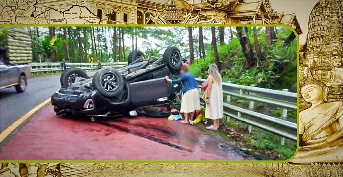 Auto met zes toeristen slaat op de Doi Inthanon in Noord-Thailand over de kop, alle inzittenden raakte gewond