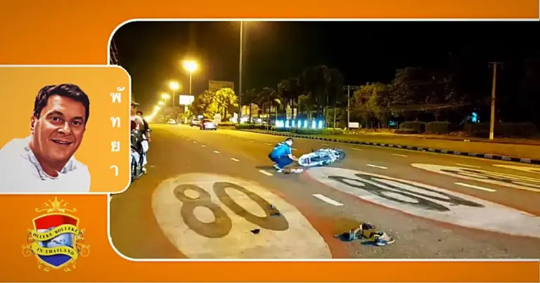 Motorrijder komt op de Sukhumvit road in Pattaya ten val na aanrijding met een zwerfhond 