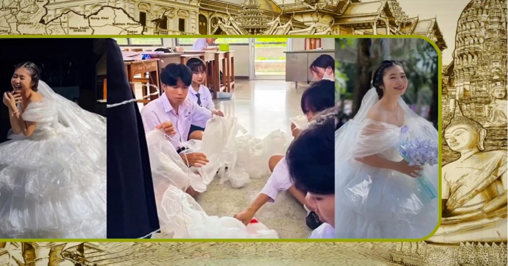 De plastic trouwjurk van Thaise studenten wordt op de Thaise social media massaal bewonderd
