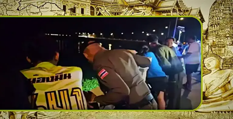 Dronken soldaat probeert bij een meisje indruk te maken en springt vanaf de Makkah-brug in Centraal-Thailand de rivier in