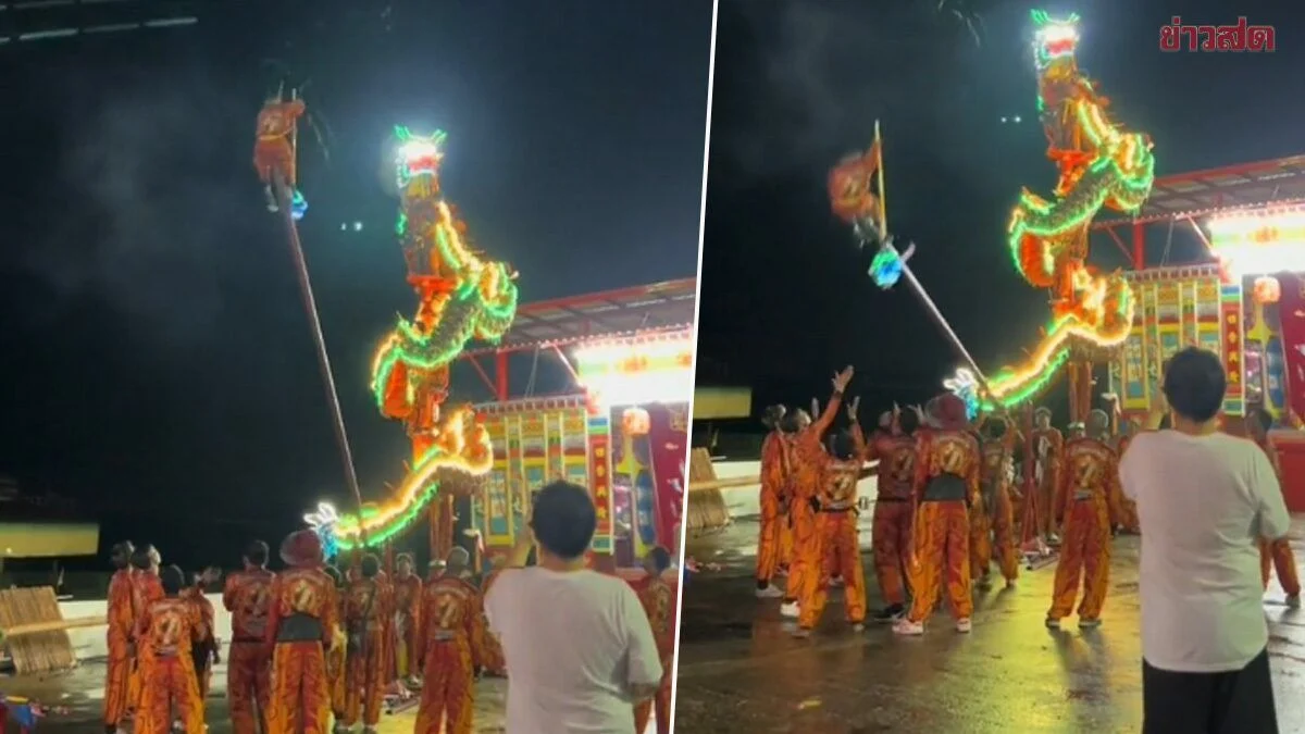 Drakendansdrama in Kamphaeng Phet, acteur valt uit een metershoge paal en laat het publiek achter