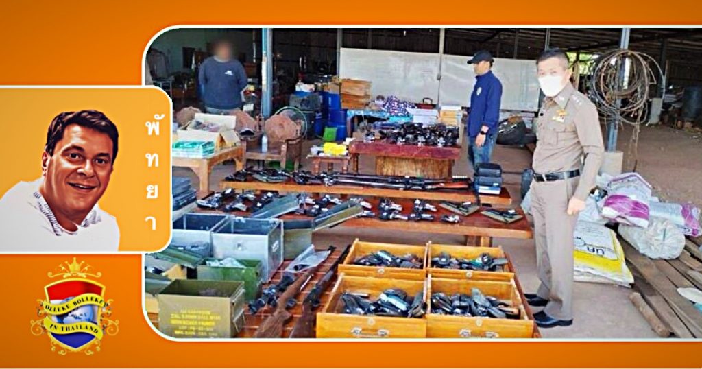 Gigantisch wapenarsenaal bij een garnalenkwekers in Oost-Thailand ontdekt, de eigenaar wordt ondervraagd 