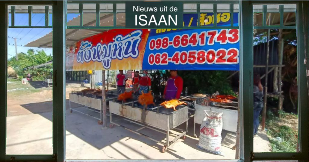 Thaise jongeman verbetert in Noordoost-Thailand het familie recept voor gegrild speenvarken en verdient tot 150.000 baht per dag.
