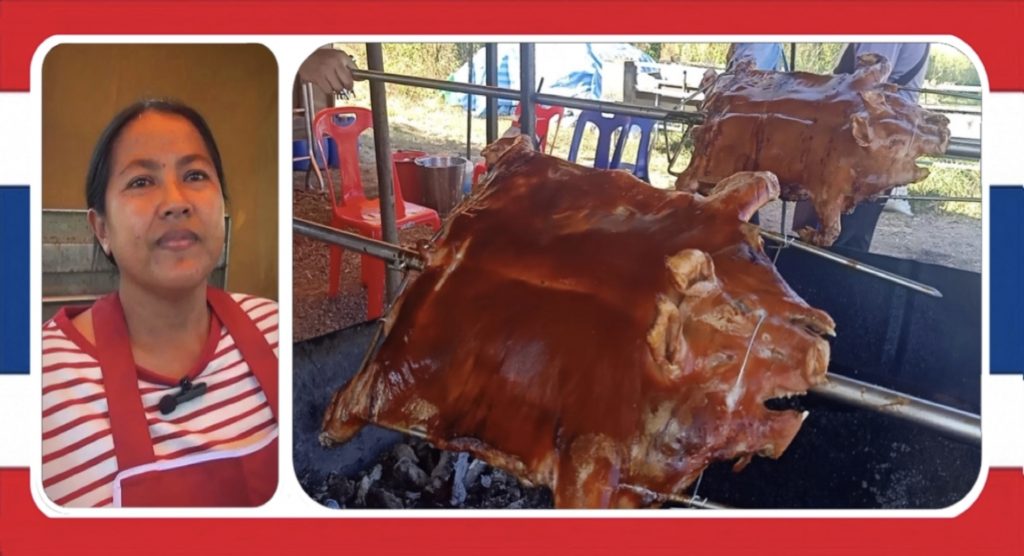 “Wannipa Pork”, een kraampje aan Mittraphap Road in Udon Thani selecteert 400 varkens en grilt ze voor verkoop tijdens het nieuwjaar