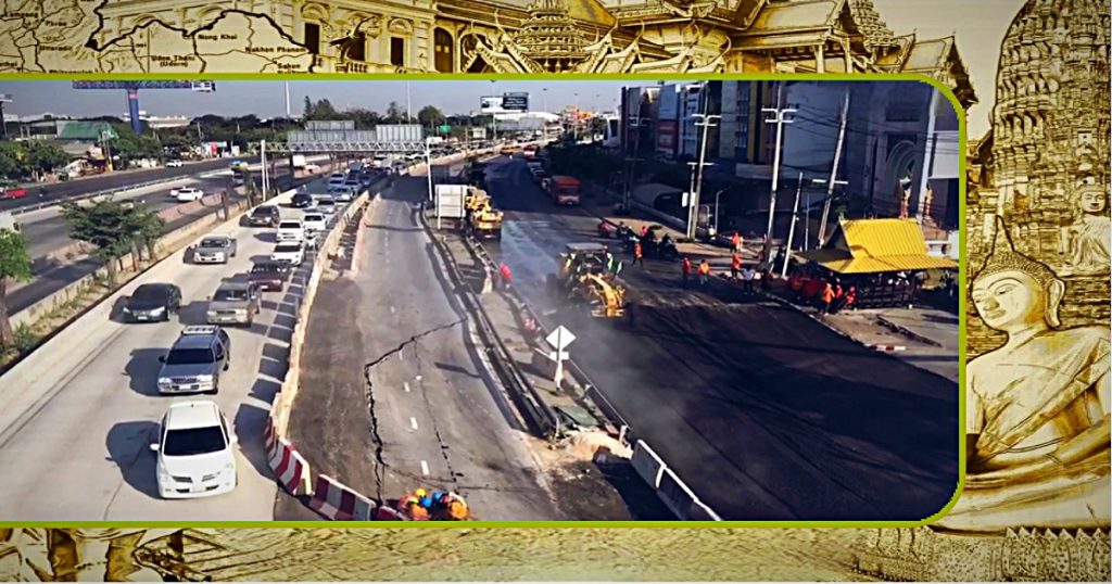 Een verzakking op de Kanchanapisek-weg in Bangkok veroorzaakt een immense verkeerschaos