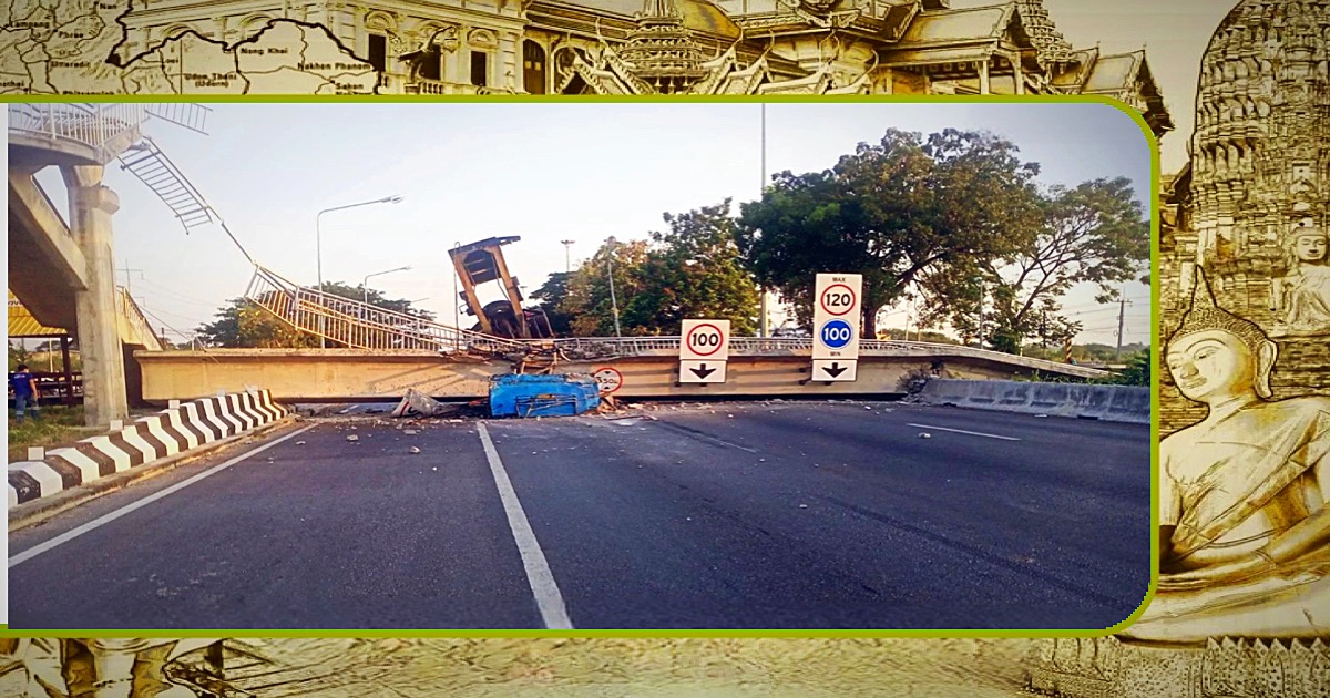 Vrachtwagen ramt een viaduct over de Asia Highway in Centraal -Thailand, het verkeer uren lang geblokkeerd