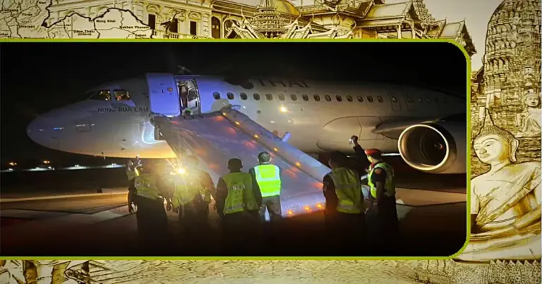 Passagier opent tijdens het taxiën op een vliegveld in Noord-Thailand de deur van een Thai Airways vliegtuig 