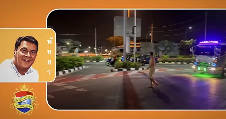 Halfnaakte buitenlander gearresteerd nadat hij over de  Pattaya Klang Road zwalkte waarbij hij verkeershinder veroorzaakte 