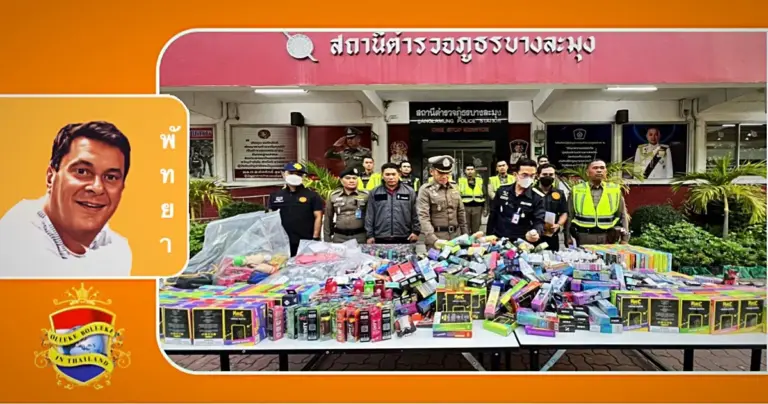 Politie Pattaya doet een inval in de vape-winkel en neemt een partij e-sigaretten ter waarde van 5 miljoen baht in beslag