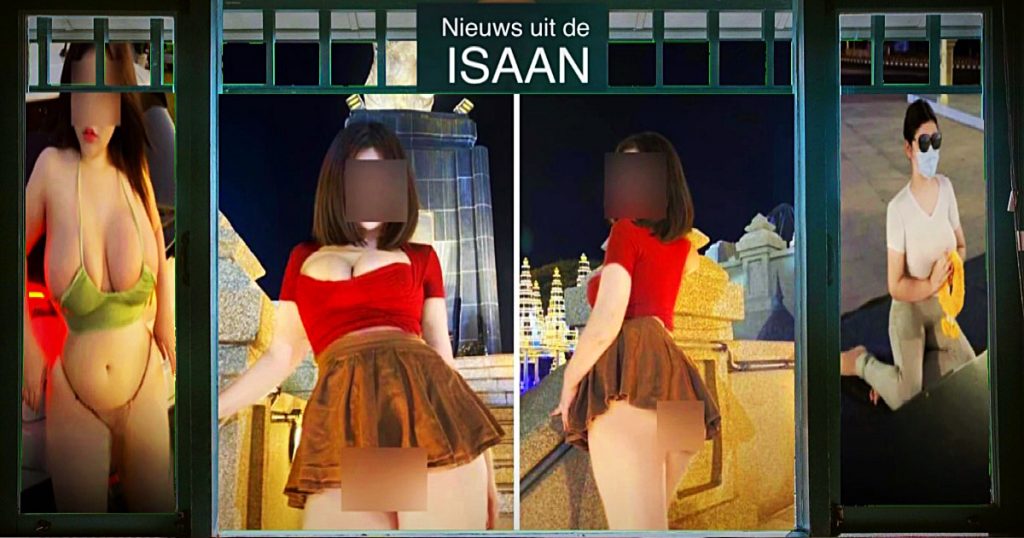 Thaise dame gaat door het stof en verontschuldigt zich voor haar provocerende foto’s bij Rama I-monument in Noordoost-Thailand