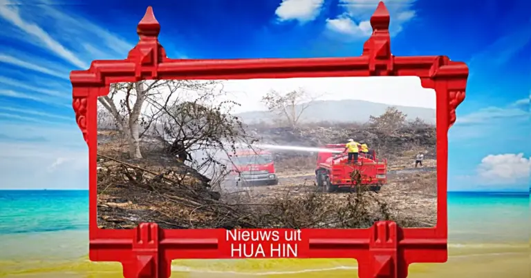 De vuilnisbelt van Hua Hin staat in volle hens, brandweer probeert zo snel mogelijk om de brand onder controle te krijgen.