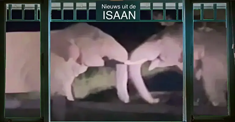 Gevecht tussen twee zwaargewichten in Noordoost-Thailand gefotografeerd, de verliezer druipt af met kiespijn 😅