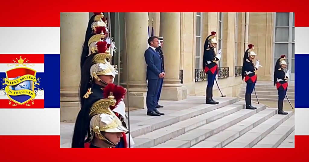 Premier Srettha van Thailand door de Franse president Emmanuel Macron deftig ontvangen in het Elysee-paleis in Parijs.