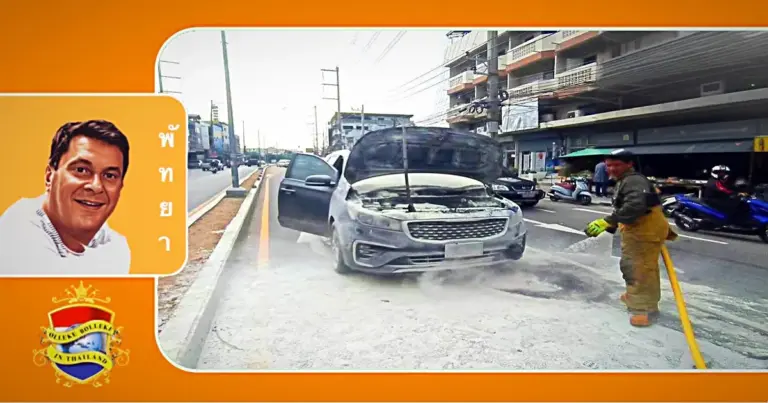 Vrouw weet ternauwernood uit haar brandende auto op de Thepprasit road in Pattaya te komen