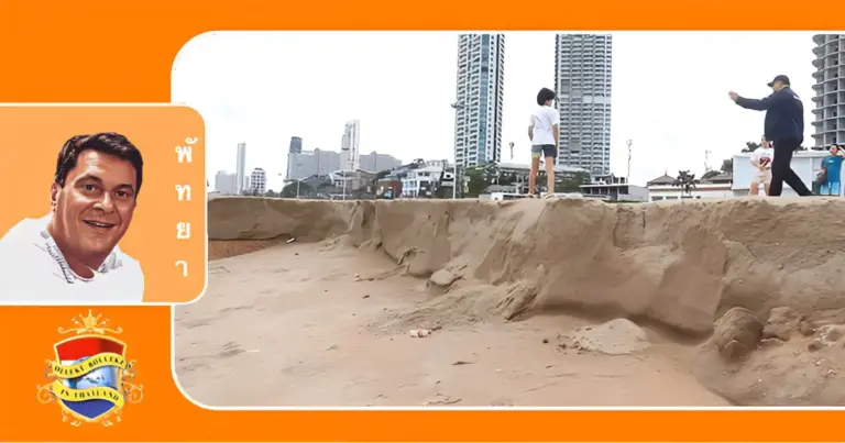 Erosie van de kust Na Jomtien veroorzaakt kopzorgen en gevaar voor strandgangers