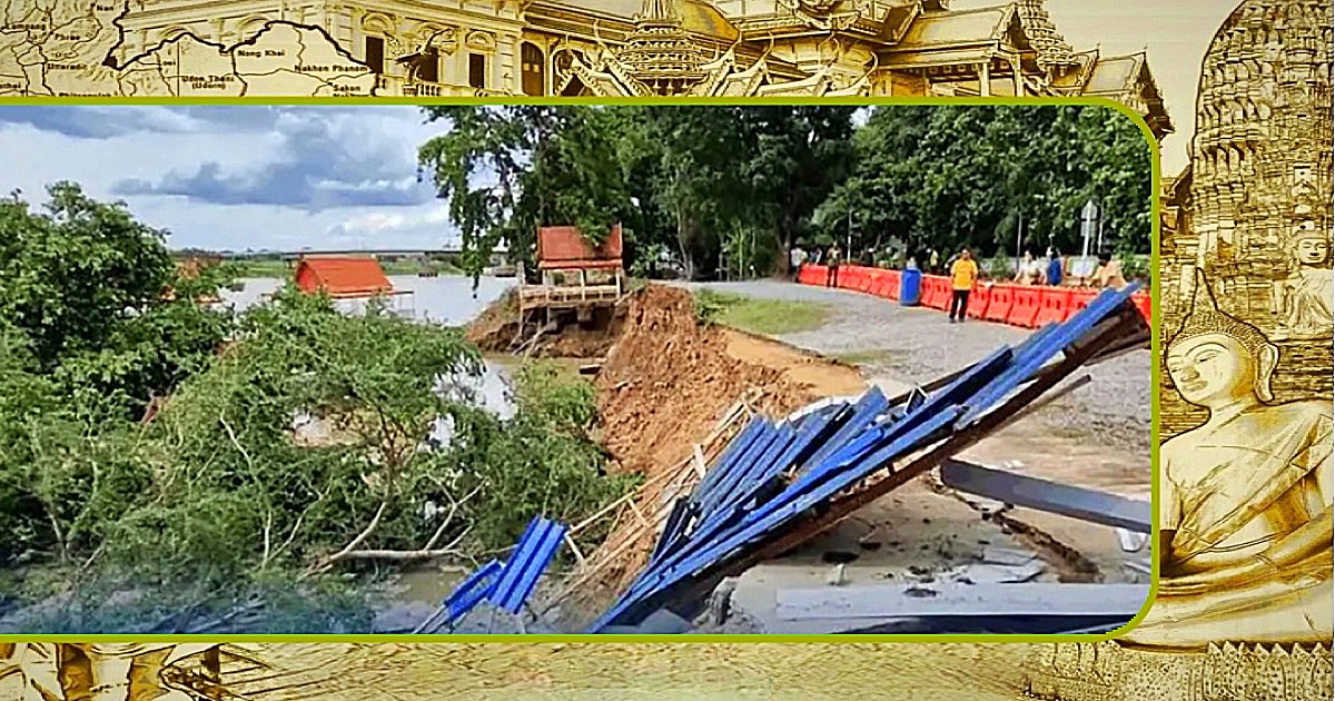 Hulpdiensten in Centraal-Thailand proberen vandaag enkele auto’s te bergen na het instorten van de rivieroever van de Chao Phraya-rivier