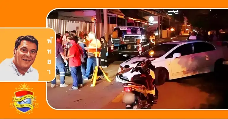 Slingerende auto ramt op de Beach Road van Jomtien een studenten busje waarbij 12 gewonden vallen