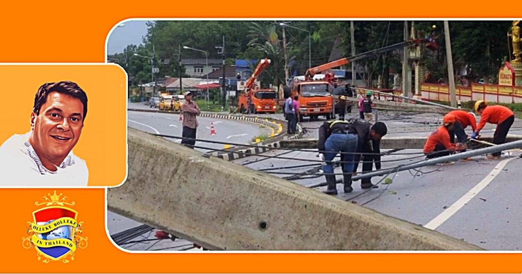 Storm doet hoogspanningsmasten in Oost-Thailand omvallen en blokkeert de weg in Chanthaburi