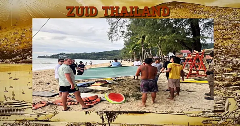 Valwind op Phuket zorgt ervoor dat een toerist lange tijd in de bomen van Kamala beach bengelde 