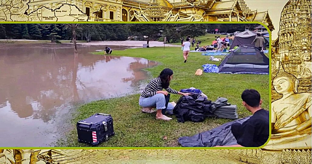 Kampeerders in Centraal-Thailand gedwongen hun biezen te pakken wanneer de Lam Ta Khong-rivier buiten zijn oevers treedt