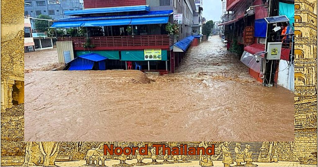De Sai-rivier treedt buiten zijn oevers en overstroomt het district Mae Sai-district in Noord-Thailand 