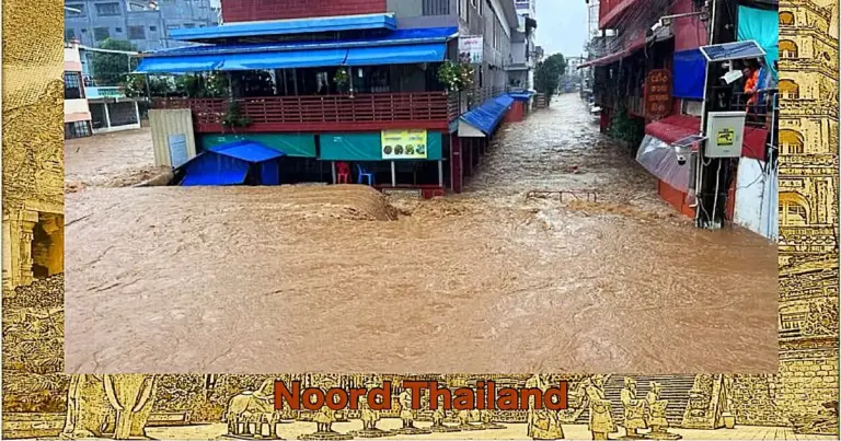De Sai-rivier treedt buiten zijn oevers en overstroomt het district Mae Sai-district in Noord-Thailand 